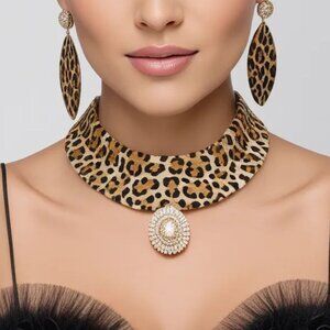 Leopard Print Jewelry Set, Animal Print Choker And Earrings, Jewelry Set